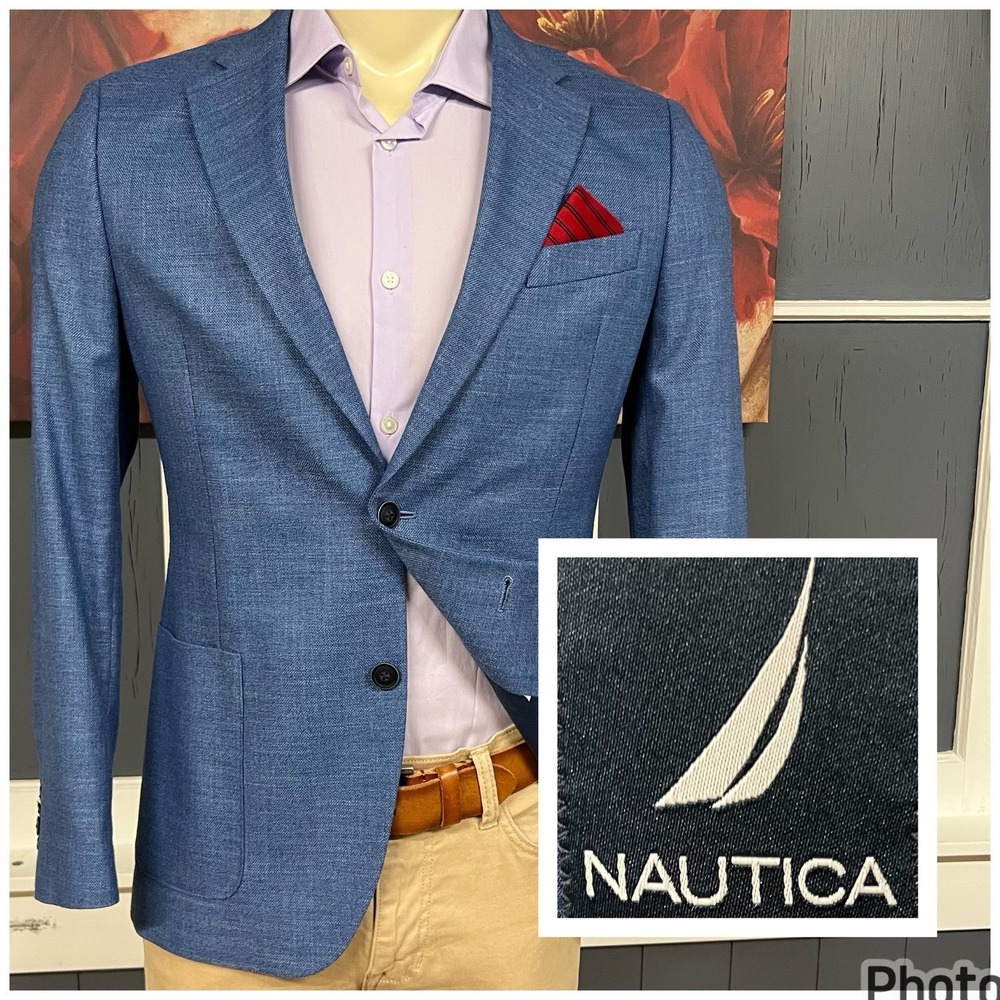 Nautica Hopsack Blazer Jacket Mens 38R Modern Fit Polyester Blend Stretch Blue